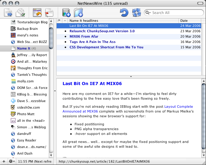 NetNewsWire window with new subscription NetNewsWire window with new subscription